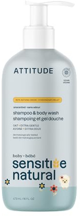 ATTITUDE 2-in-1 Shampoo and Body Wash for Baby with Sensitive Skin with Oat, EWG Verified, Dermatologically Tested, Vegan, Unscented, 473 mL