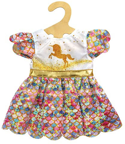 Heless 1231 - Puppenkleidung im Design Einhorn Goldy, Glitzerkleid mit schimmernden Pailletten für Puppen und Kuscheltiere der Größe 28 - 35 cm