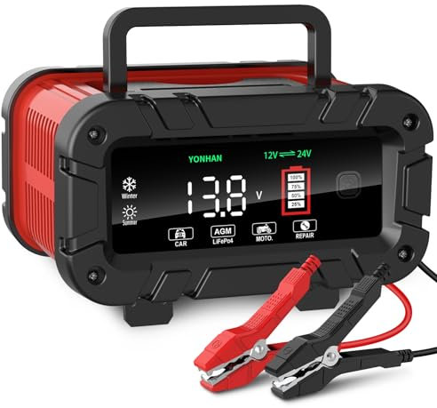 YONHAN Battery Charger 0-10 Amp, Upgraded 12V/24V LiFePO4 Lead Acid Car Battery Charger w/Large Display Screen, Fully-Automatic Smart Trickle Charger Automotive, Battery Maintainer