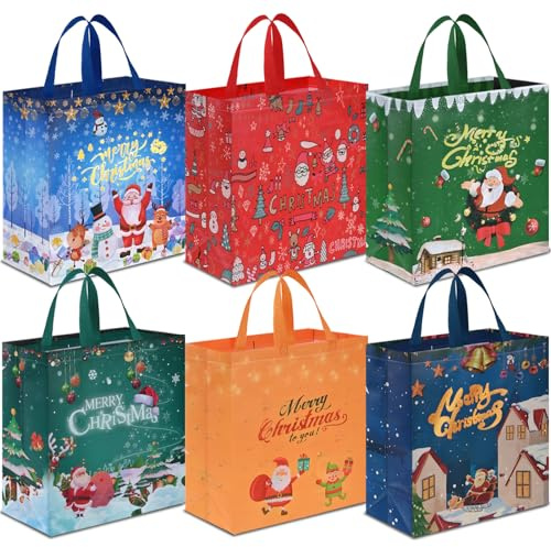 AhfuLife 6pcs Borsa Regalo di Natale, 36×40×15cm, Grandi Sacchetti di Natale Riutilizzabile in Tessuto Non Tessuto, Borsa di Natalizie con Manico per Confezioni di Regali