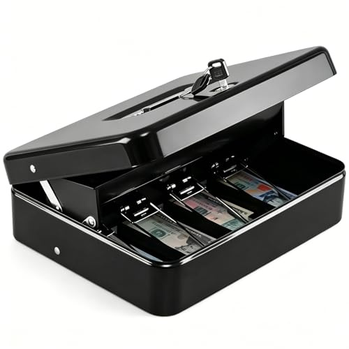KYODOLED Caisse à monnaie verrouillable avec serrure sur le dessus, tirelire avec plateau à billets, 4 emplacements pour billets/5 pièces de monnaie, boîte à serrure avec clé, organisateur d'économie,