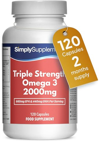 Triple Strength Omega 3 2000mg | 120 Capsules | 2 Months' Supply | 660mg EPA & 440mg DHA | EPA & DHA support normal heart function | DHA supports normal brain function & vision | UK made