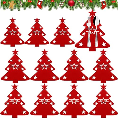 PTBWS 12 Stück Besteckhalter Weihnachten Filz,Bestecktasche Weihnachten, Weihnachten Tischdeko Bestecktasche,Besteckbeutel Weihnachten, Besteckbeutel Weihnachtsbaum Tischdeko