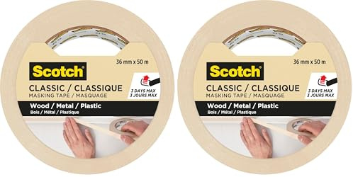 Scotch Kreppband Classic Premium Beige, 36 mm x 50 m - Hochwertiges Universal-Abklebeband, Premium Malerkrepp für Malerarbeiten und Dekoration (Packung mit 2)