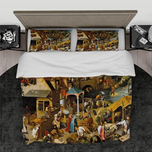 DINGSION Pieter Bruegel der Ältere Bettwäsche-Set 3-teilig Niederländische Sprüche 1559 Schlafzimmer-Bettwäsche-Set mit 2 Kissenbeschlägen 4 Krawatten Reißverschluss 240 x 220 cm
