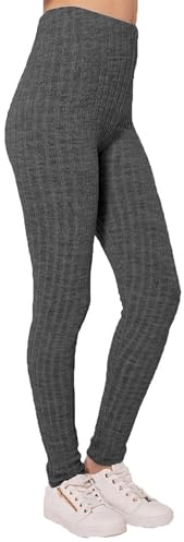 H&F Women’s Chunky Knitted Ribbed Thick Plain Full-Length Leggings Stretchy Warm Winter Pants Size (Charcoal, 16-18)