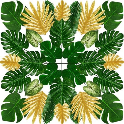 QUOZUO - Lot de 50 feuilles artificielles de Monstera, palmier tropical pour décorations de fête, feuilles de palmier avec tiges pour décorations de fête sur le thème de la jungle, de la plage
