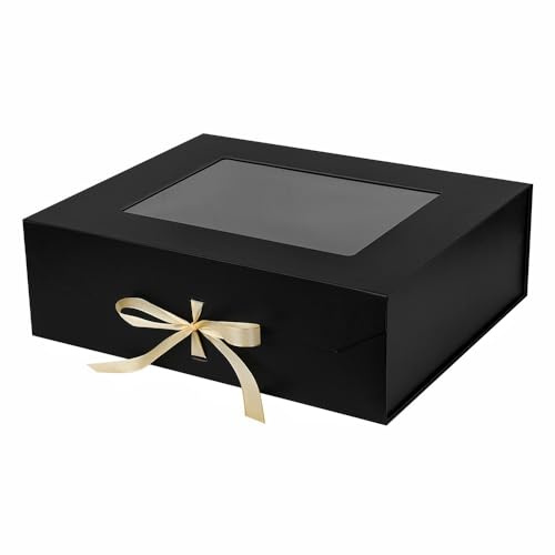 PLINJOY Extra große schwarze Geschenkbox für Geschenke mit Band, 48,3 x 40,6 x 15,2 cm, transparente Geschenkbox mit Fenster, Magnetverschluss, Geschenkboxen mit Deckel