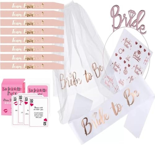 FeestmetJoep® Junggesellenabschied - Bride to be 31-teiliges Partypaket Junggesellenabschied Frau & Kartenspiel - Team Braut - Bride to be Schärpe - Bride to be Schleier - Junggesellenabschied mit dem
