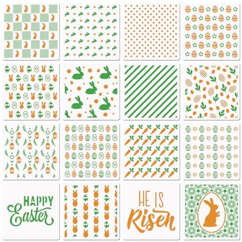6in Easter Cookie Stencils for Royal Icing, Eggs Carrot Rabbit Face Bunny Shapes, 16 Pcs Assorted Sizes Easter Eggs Stencils for Baking Drawing Dessert Coffee Decoration