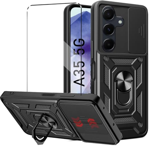 Coque et Verre trempé Pour Samsung Galaxy A35 Coque de protection étui housse etui protection et protège écran antichoc,Lentille Coulissante Couverture, Support 360° Rotatif Militaire PC Armor Noir