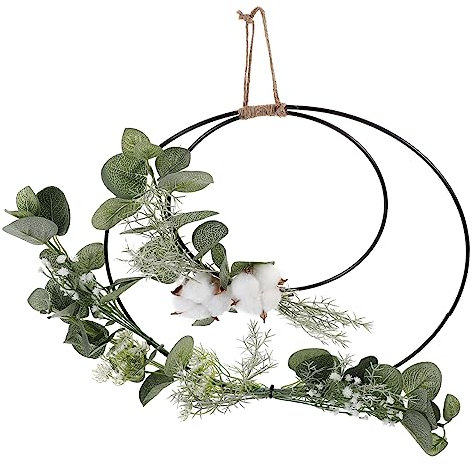 HOOTNEE Hängender Baumwoll und Blumenkranz Doppelring Wanddeko aus Polyester Eisen und Baumwolle Weiß für Tür und Wand