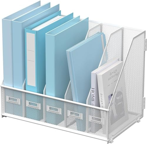 SUPTIDY Metal Magazine File Holder for Desk with 5 Vertical Compartments, Magazine Rack Desk Tidy Organiser for Office, Home Workspace, White