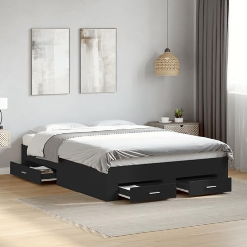 vidaXL Bed Frame with Drawers, Bed Base for Bedroom, Mattress Foundation for Double Bed, Modern Style, Black 135x190 cm Double Engineered Wood