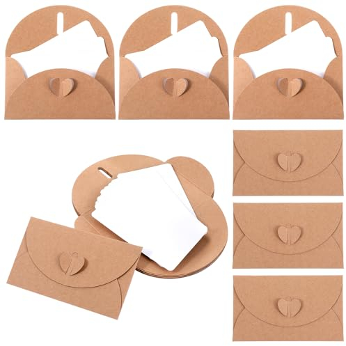 Piriuuo 25 Stück Mini Briefumschläge, Kraftpapier Umschläge mit 25 Blanko Papier Karten Umschläge mit Herzverschluss Mini Umschläge für Geschenkkarten, Hochzeits, Weihnachts und DIY Dankeskarten
