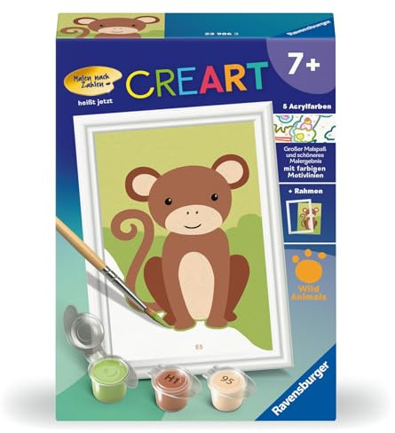 Ravensburger CreArt 23986 - Monito pequeño, Cuadro por número para niños a Partir de 7 años, Set de Pintura con Marco, Pincel y Pinturas acrílicas, Regalo para niños y niñas