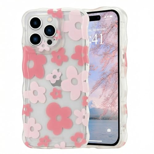 Micoden Cute Curly Wave Case for iPhone 14 Pro Max,Clear with Anti-Yellowing Flower Floral,Soft TPU Slim Bumper Shockproof Anti-Scratch Protective Wavy Cover for Girls Women-Pink
