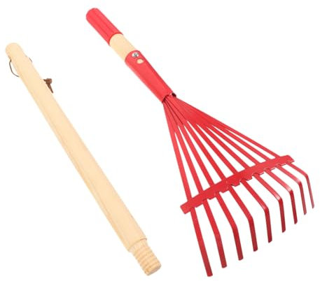 NULYLU Râteau à Gazon Détachable Manche en Bois Rouge pour Jardinage Extérieur Garçon Et Filles, Râteau Robuste en Métal, Outil De Jardin Multifonction pour Pelouse Et Feuilles