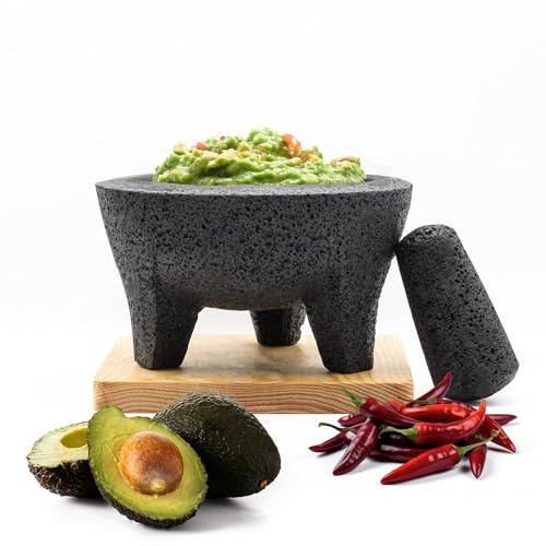 Axcento Molcajete Mexicano 8-Inch Guacamole Bowl with Pestle and Mortar Bowl Set, Volcanic Rock Molcajete, Oven Safe, Handmade in Mexico, Includes Cutting Board and Instructions, 750ml - Black Stone