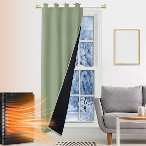 SK Studio Thermal Insulated Door Curtain for French Door, Waterproof Soundproof Door Cover, Oxford Fabric Thicken Cotton Fill Grommet Curtain for for Winter, Sage Green, W33 x L87