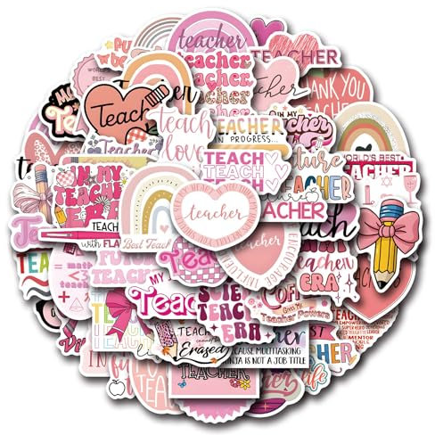 Aiwuding Pink Teacher Stickers Pack, 50PCs Vinyl Decals, Stickers for Hydro Flask, Laptop, Water Bottle, Scrapbook, Goodie Bag & Gift Stickers for Kids, Teachers(PinkTeacher)