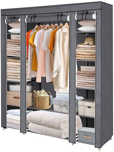 Large Fabric Canvas Wardrobe, Portable Foldable Zippered Open Closet, Clothes Storage Organiser with Hanging Rail, Shelves Wardrobe For Bedroom Living Room Cloakroom Storage, 150 x 45 x 175 cm, Grey