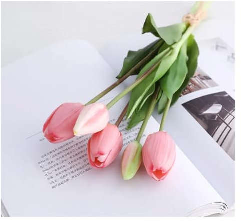 LOVSSU Tulipanes Artificiales Ramo de Tulipanes de Tacto Real de Silicona de Lujo, Flores Artificiales Decorativas, decoración for Sala de Estar, Flores Artificiales para El Hogar, Boda, Fiesta(Pink)