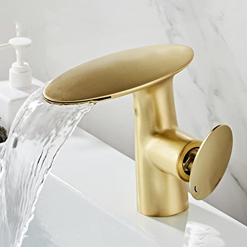 Modern Bath Mixer Tap with Shower Waterfall Tap Bathroom Waterfall Sink Fittings with Ceramic Valve Core Tap Bathroom Waterfall Brass Brushed Gold