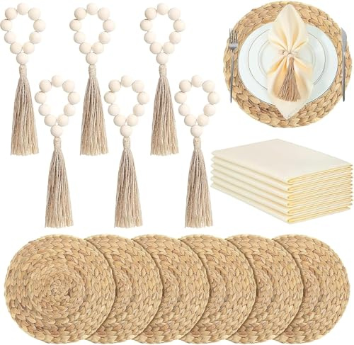 Boho Placemats Set of 6, Includes Woven Round Placemats, Wood Bead Napkin Rings and Cloth Napkins, Natural Seagrass Rattan Table Mat for Farmhouse Style Dining Table Decor