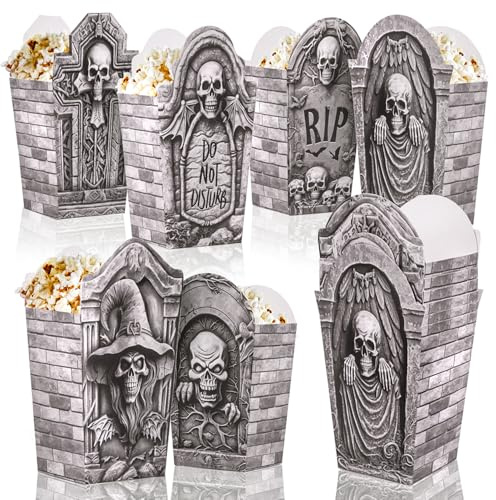 FINGOOO Halloween Popcorn Boxes, 12 pcs Tombstone Gravestone Paper Cardboard Boxes Popcorn Container Party Supplies