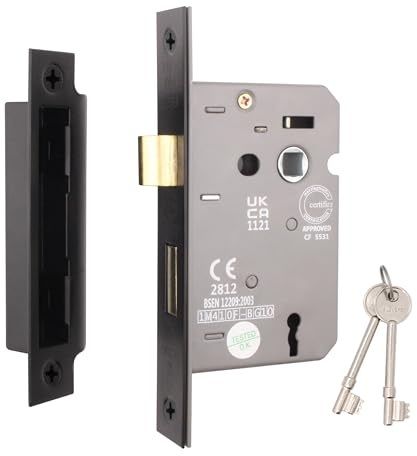 EAI Matt Black Sashlock, 64mm / 2.5 Inch, Fire Rated | Mortice Lock for Internal Doors with 44mm Backset, 30/60 Minute Fire Tested, Adjustable Keep, Dust Box and Fixings Included