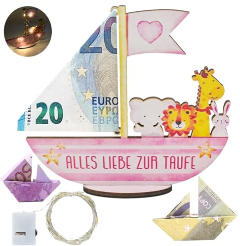 YOUYIKE Taufgeschenke für MäDchen Arche Noah Holz Geldgeschenk,Diy Segensworte Auf Der RüCkseite Des Rosa Bootssockels Aus Holz Mit Led-Lichterkette Geschenk Taufe MäDchen