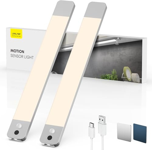 LROLTEF Luce LED Sottopensile Cucina Dimmerabile Lampada Cucina 4000K 30CM | 2200mAh Con sensore di Spostamento Manuale Armadio Sensore di Movimento Magnetica Ricaricabile per Cucina Adesiva 2P Argento