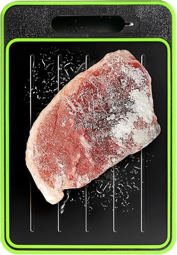 HENGBIRD Planche de décongélation 4 en 1, plaque de décongélation en aluminium avec fonction découpe, planche à découper cuisine antidérapante 36,5 x 25 cm, bordure verte