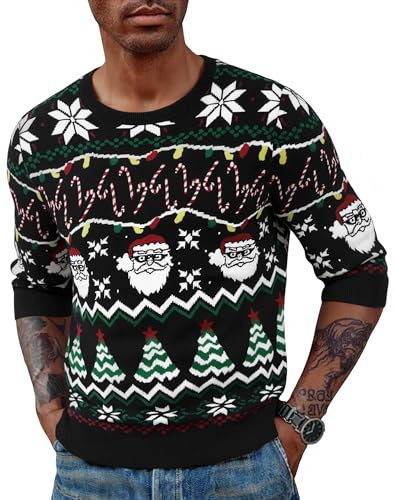 Terecey Suéter Navideño Hombre con Renos y Árbol de Navidad Jersey Navidad Punto de Cuello Redondo y Manga Larga para Invierno y Christmas
