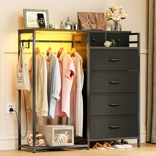 Coleshome Noir Commode Chambre avec et Tringle à Vêtements, LED et Prise