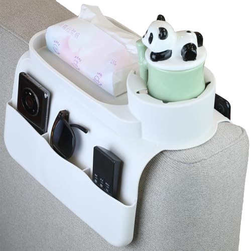 Bandeja portavasos de sofá de Silicona, portavasos de reposabrazos de sofá Antideslizante y a Prueba de Salpicaduras, Soporte de reposabrazos de sofá de Almacenamiento Multifuncional (Blanco)