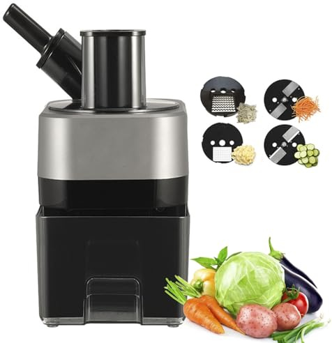 Picadora de verduras eléctrica 4 en 1,picadora de alimentos comercial, procesador de verduras de doble cabezal for cortar en cubos,triturar,rebanar y cortar en tiras,4 cuchillas reemplazables
