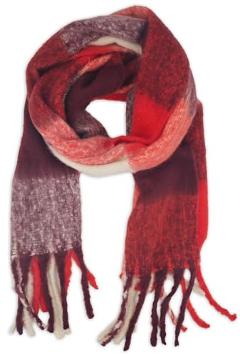 styleBREAKER Damen Webschal mit Karo Muster | Langer Schal mit dicken, langen Fransen | weicher Winter Strickschal warmes Material Stola, Farbe:Rot-Bordeaux-Creme