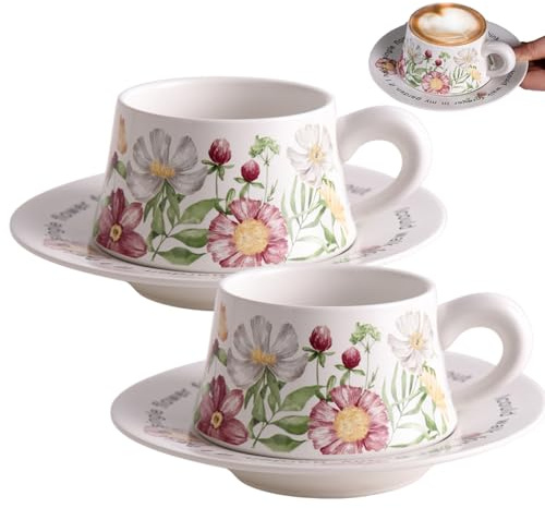 Lawnrden Juego de taza de té y platillo con 2 tazas de té y 2 platillos Taza de café expreso de cerámica vintage para café, latte, capuchino |.Tazas de expreso