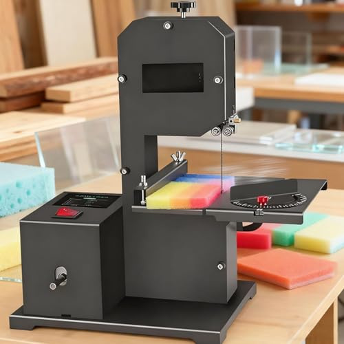 Sierra de cinta de sobremesa para pequeños talleres, altura de corte de 70 mm, garganta de 90 mm, cortes rectos y curvos, mesa metálica inclinable (0-45°), máquina profesional para cortar madera