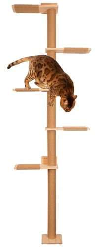 Kratzbaum Groß Wandmontage, Kratzbaum Deckenhoch, 206 cm Hoch, 5 Ebenen, aus Massivholz und Sisal, Leicht zu Montieren, Platz Sparen, Geeignet für Katzen zum Klettern, Kratzen, Spielen