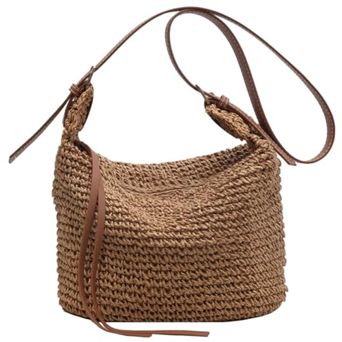 Joygoodta Summer Beach Bag, Straw Beach Bags for Women Woven Single Shoulder Straw Handbags Large Capacity Crossbody Summer Bags with Zipper for Holiday Travel