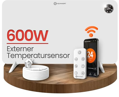 HEIMWERT Infrarot Wandheizung - Sofort Wohlfühlwärme - Senkt Heizkosten enorm - Luxusausstattung mit Thermostat + App - Langlebig, Geräuschlos - 2in1 Wandmontage und Standgerät (weiß - 600Watt)