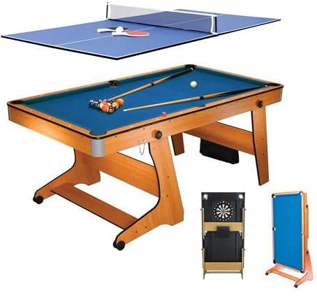 BCE 6ft Folding Pool Table, Table Tennis & Darts - 3-in-1 Multi Games Table | 3 Games, One Space-Saving Table – Folds Upright and Includes 2 Cues, Pool Balls, Table Tennis Set and Soft Tip Darts