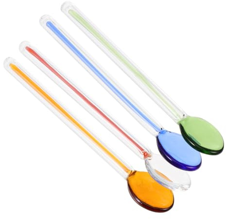 CATIEBYE 4pcs Heat-resistant Colored Glass Coffee Stirring Spoons Set for Milk, Honey, Latte Macchiato – Sturdy Mixing Spoons for Home and Restaurant Use