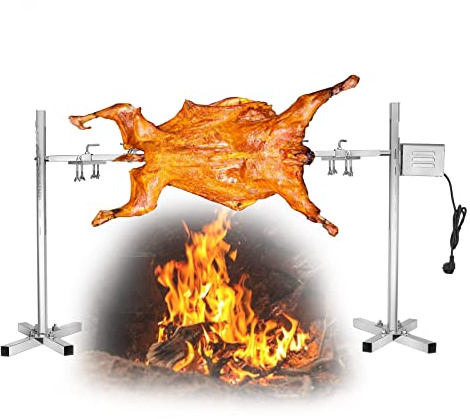 Helautomatisk elektrisk grill- och stekgaller, 15 W, rostfritt stål stekset för upp till 70 kg, höjdjusterbar, spångrisgrill, bärbar motor, utomhusgrillning, camping