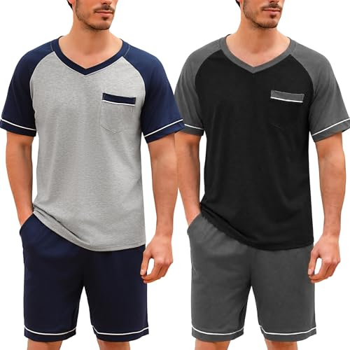 Irdcomps Ensembles de Pyjama Été Coton Pyjama Homme Ete Court Doux à Manches Courtes col V Vêtements de Nuit Short Vêtements de Détente Couleurs Contrastées Ensemble Pyjama Estival Bleu Foncé Gris XXL
