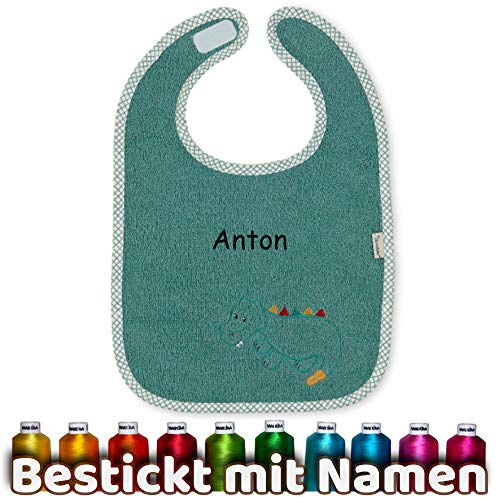 LALALO Sterntaler Lätzchen mit Namen bestickt, Serie Kuschelzoo Krokodil, Junge, Baby & Kleinkind Spucktuch, Halstuch/Babylätzchen personalisiert (Krokodil Grün)