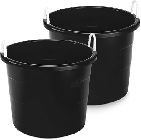 HOMZ 2-Pack Utility Tub, Large Plastic Storage Bucket with Rope Handles, 18 Gallon, Black - Portable Indoor and Outdoor Buckets for Kitchen, Laundry, Garden, Bathroom, and Garage Organization